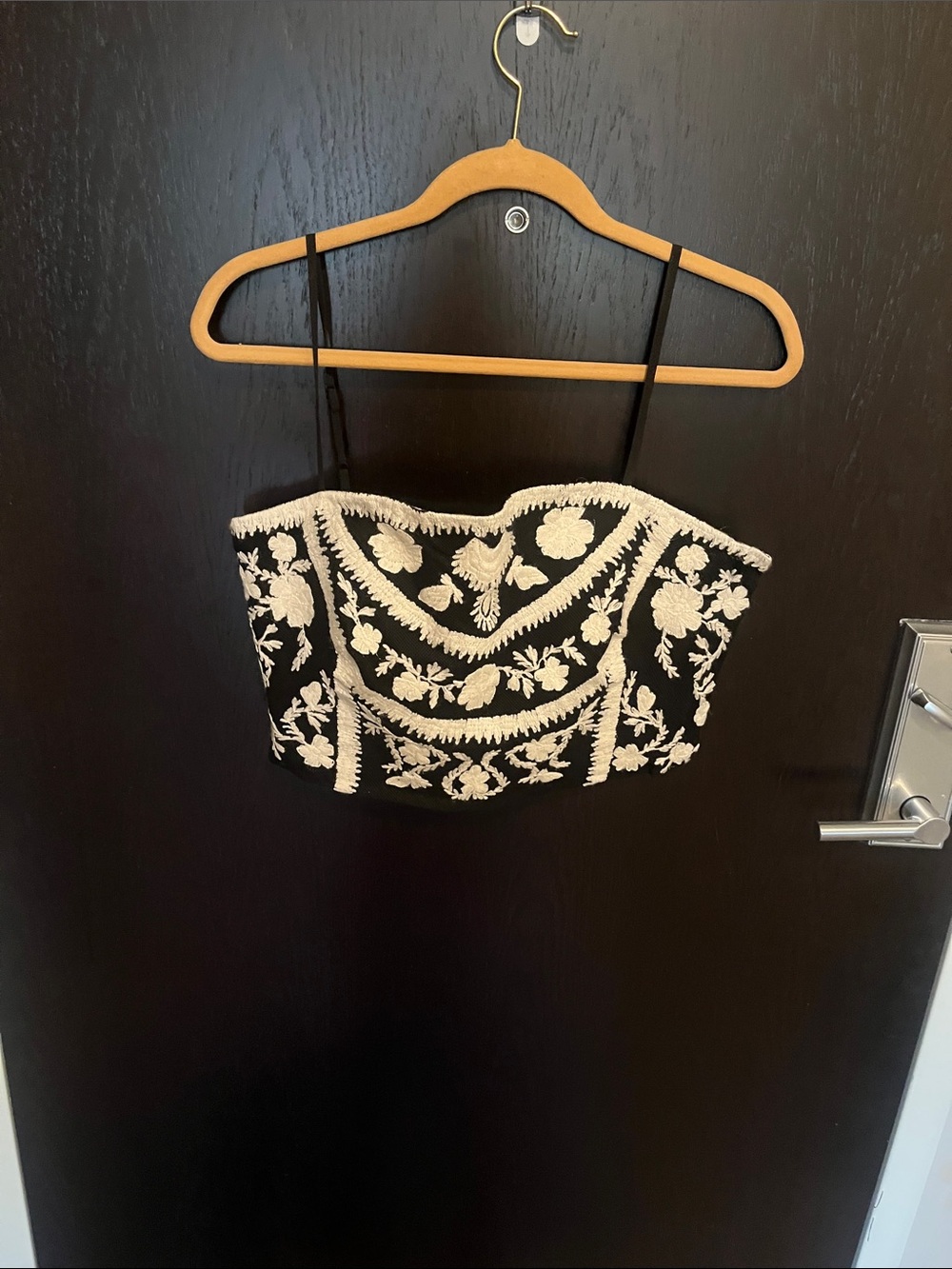 Ralph Lauren Black Crop Camisole with Cream Floral Embroidery